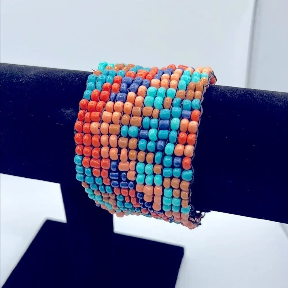 Colorful Boho Beaded Bracelet w/wooden clasp